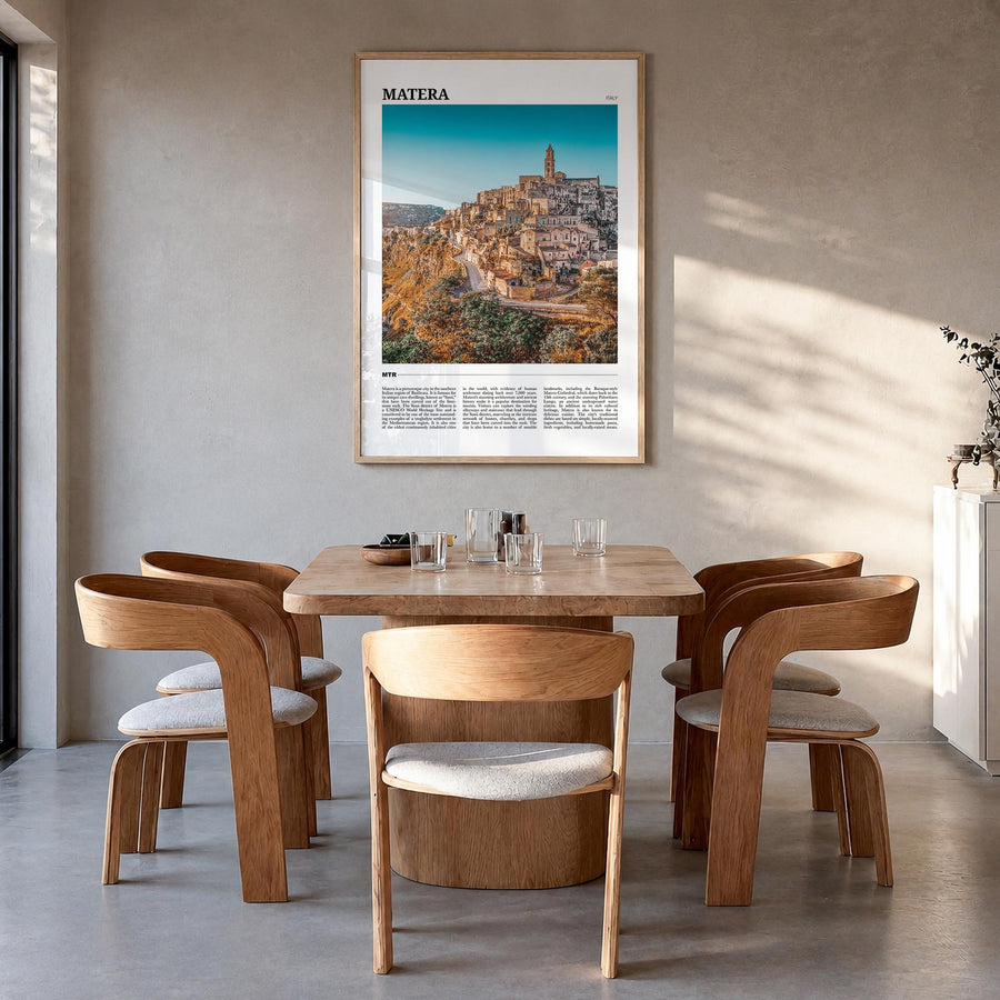 Matera colorful travel poster of Italy – vertical wall art in natural wood frame, hanging on wall