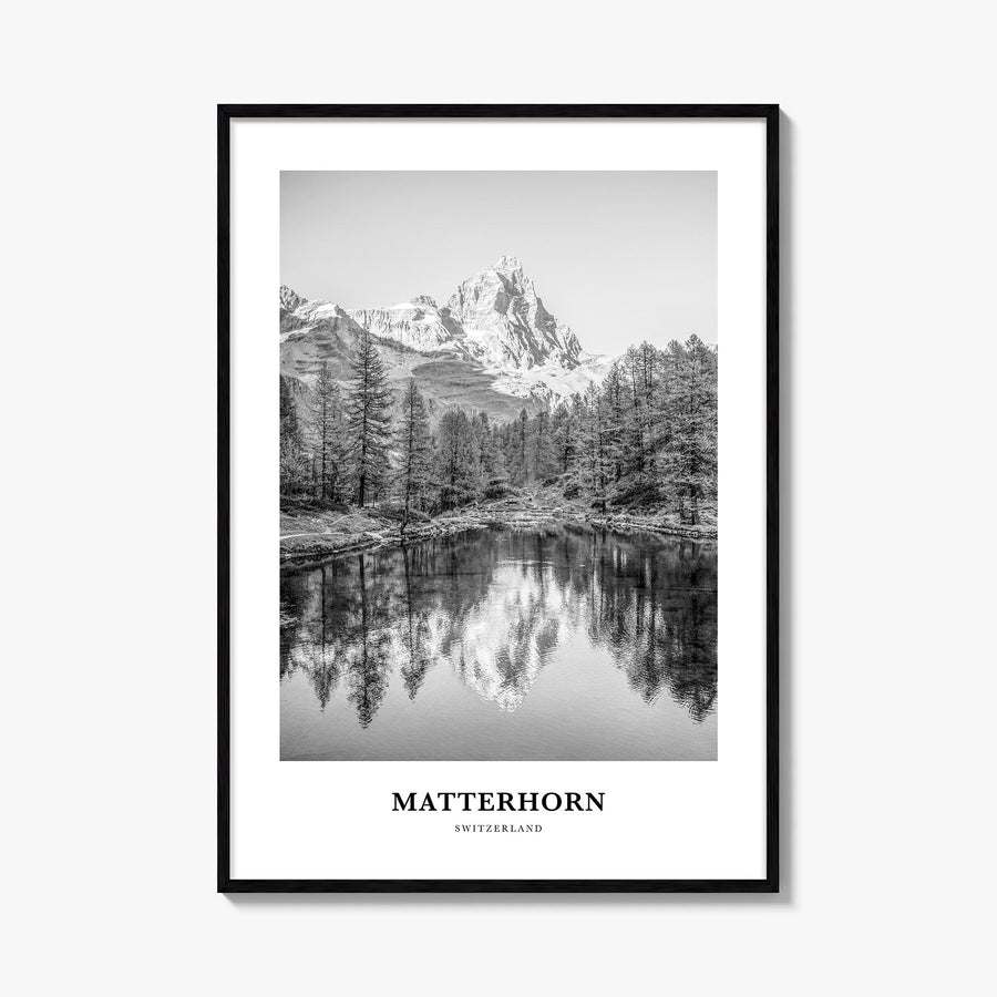 Matterhorn black & white classic poster of Switzerland & Italy – vertical wall art, unframed print shown in interior mockup