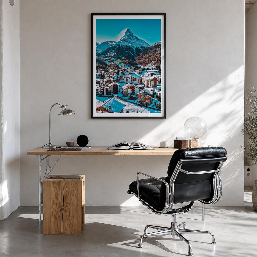 Matterhorn colorful photo poster of Switzerland & Italy – vertical wall art in black wood frame with white border, hanging on