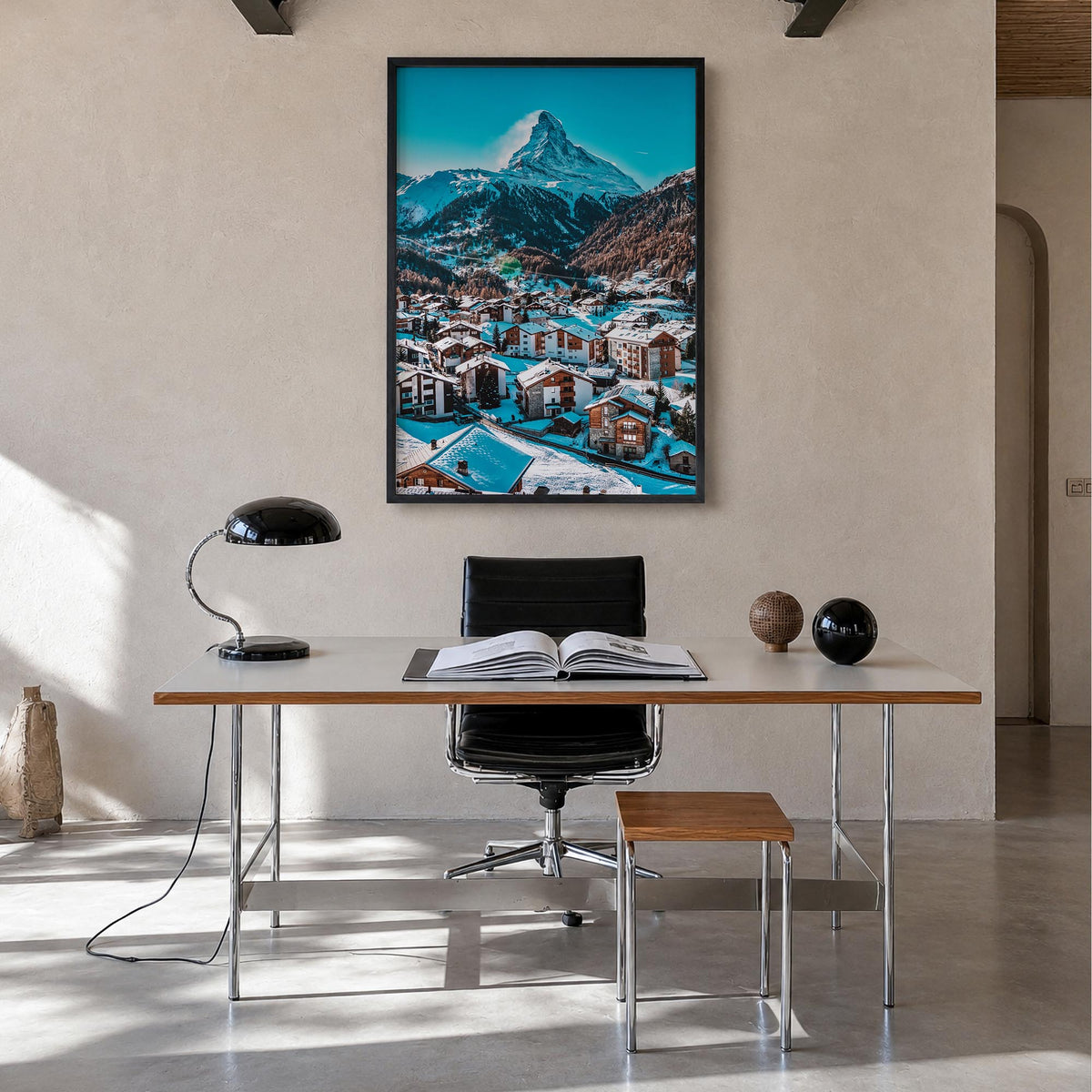 Matterhorn colorful photo poster of Switzerland & Italy – vertical wall art in black wood frame, hanging on wall