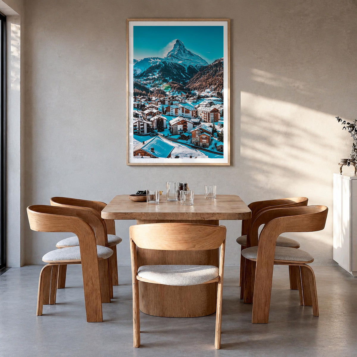 Matterhorn colorful photo poster of Switzerland & Italy – vertical wall art in natural wood frame with white border, hanging 