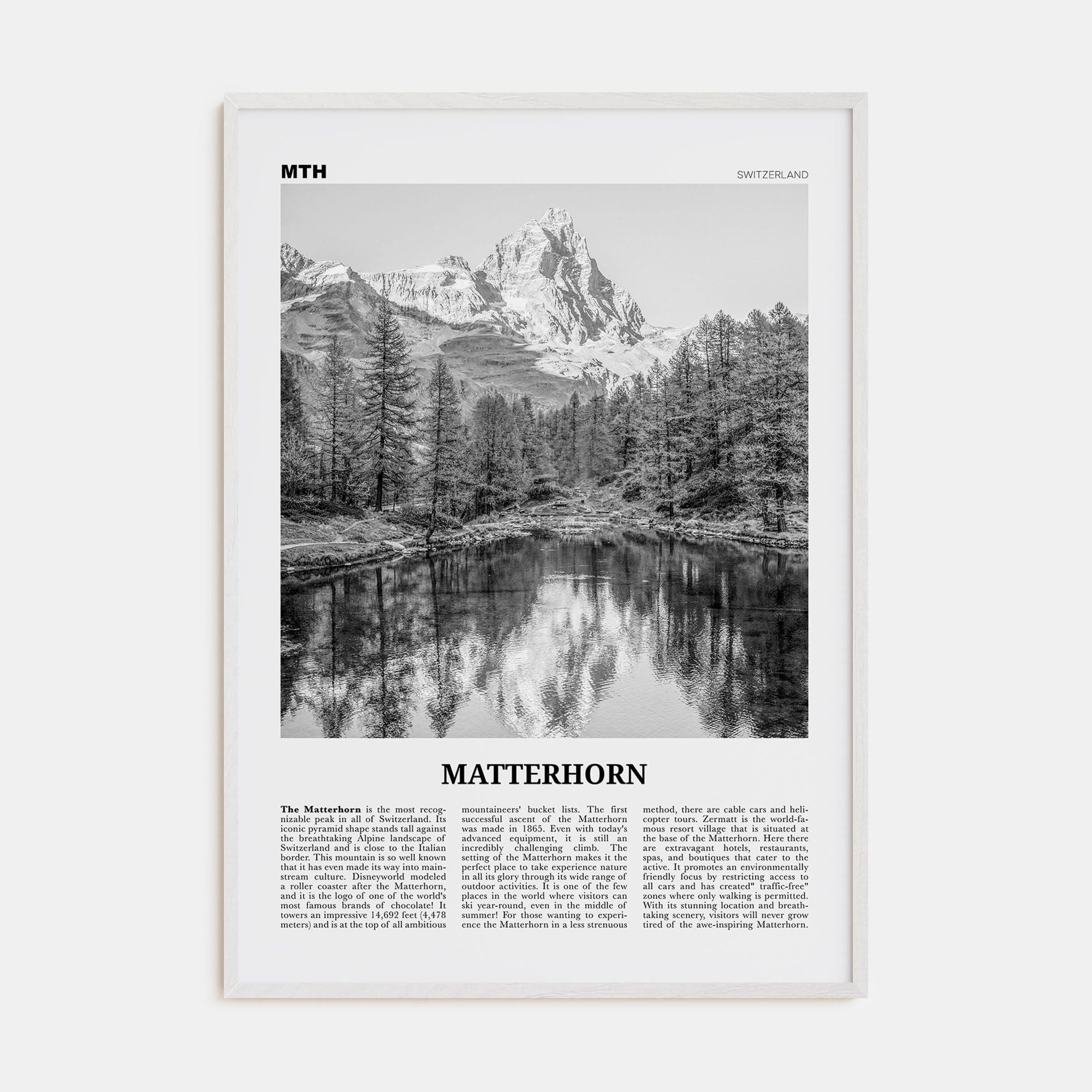 Matterhorn Poster White Wood / 8x12 in Nbourhood Travel B&W Poster