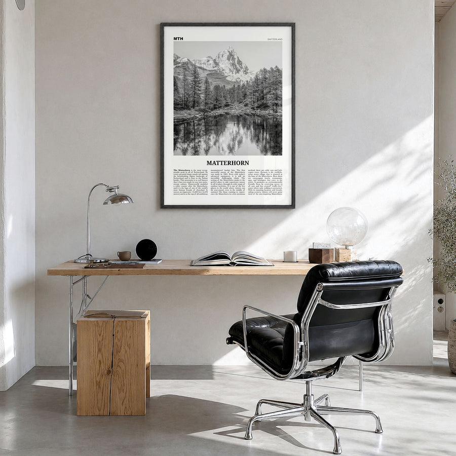 Matterhorn Newspaper Poster in a black wood frame, hanging in a bright home office