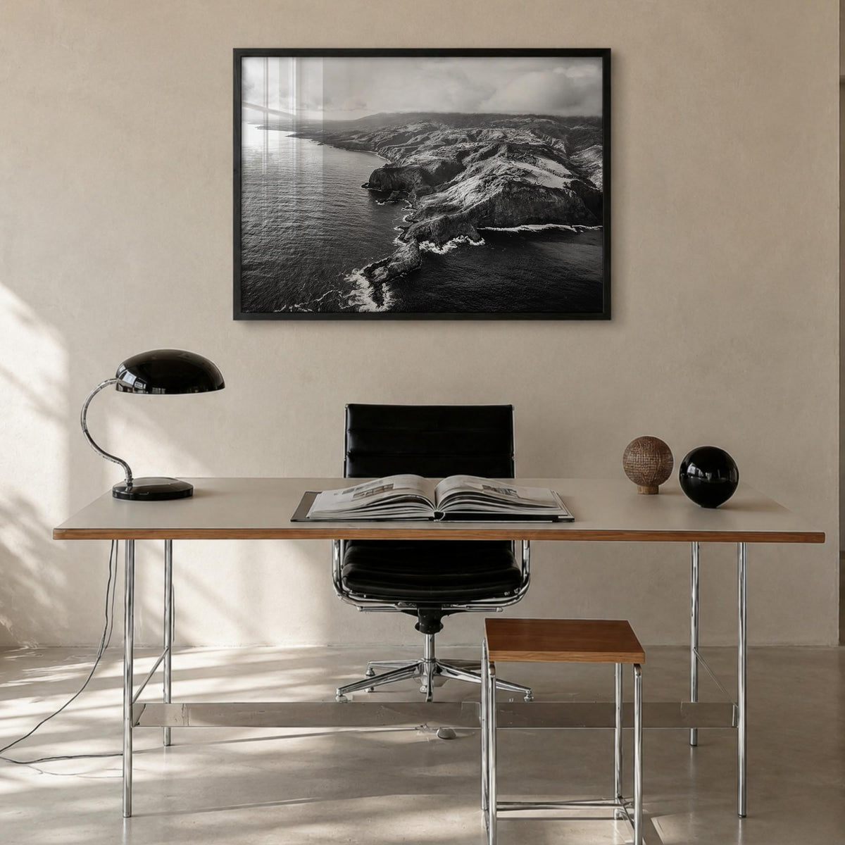 Maui black & white photo poster of Hawaii, USA – horizontal wall art in black wood frame, hanging on wall
