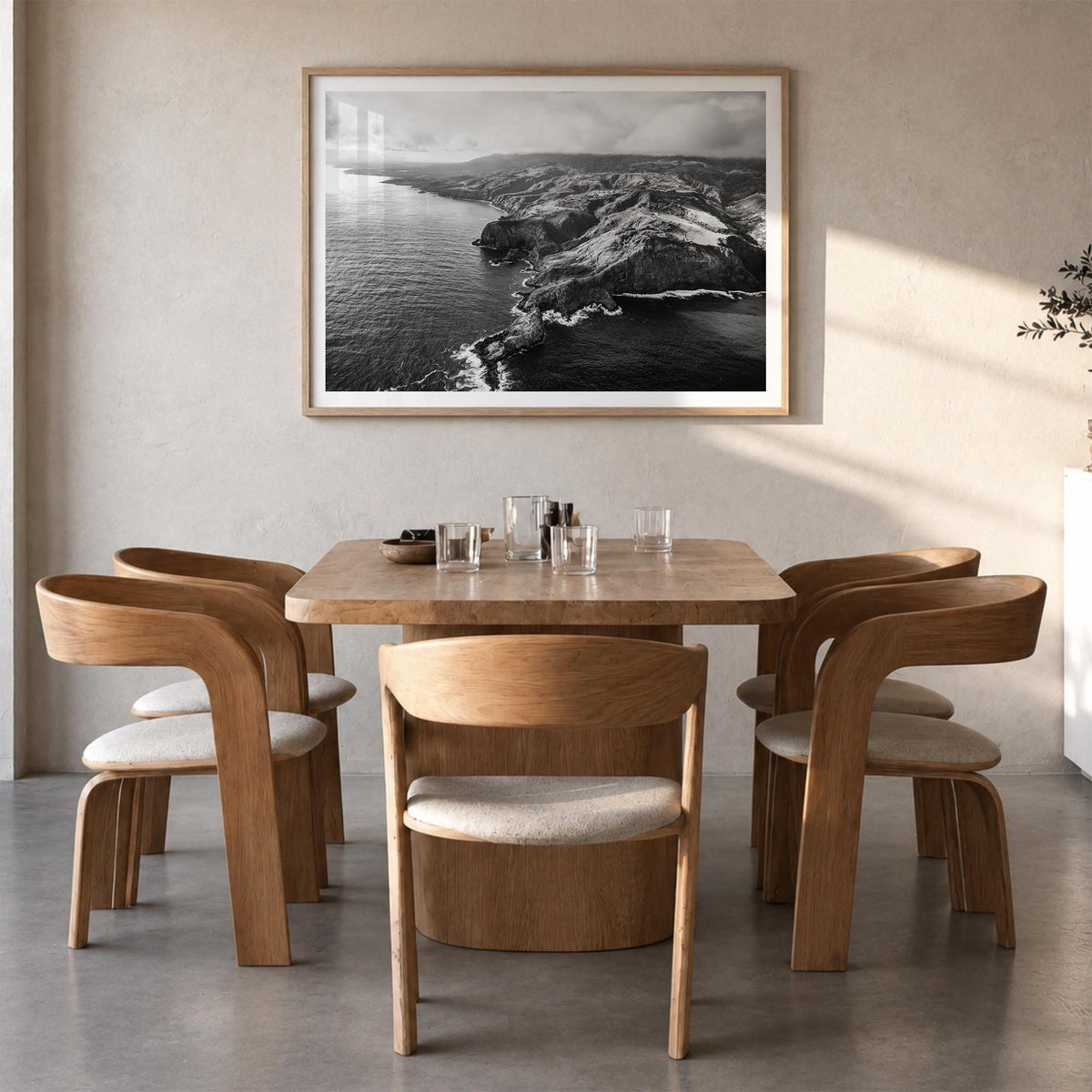 Maui black & white photo poster of Hawaii, USA – horizontal wall art in natural wood frame with white border, hanging on wall