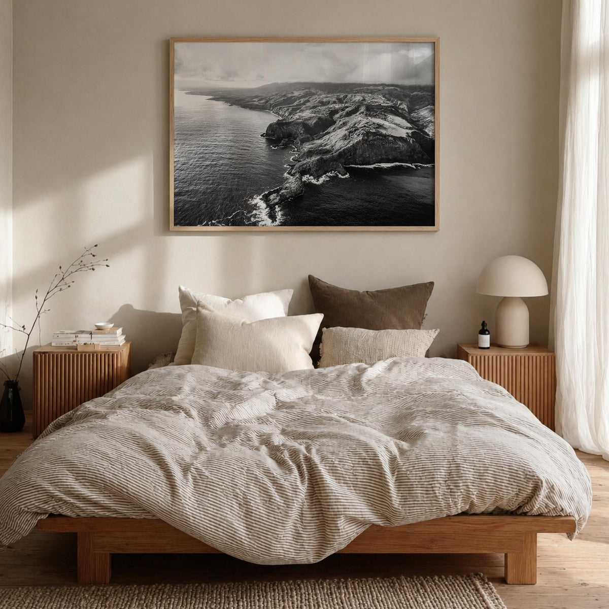Maui black & white photo poster of Hawaii, USA – horizontal wall art in natural wood frame, hanging on wall
