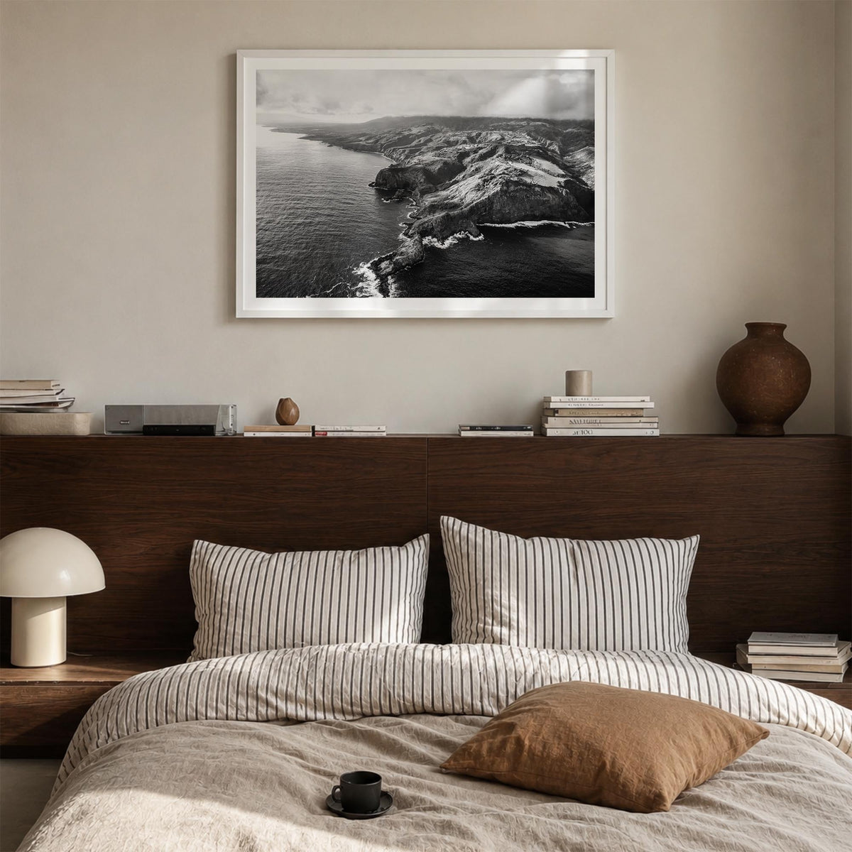 Maui black & white photo poster of Hawaii, USA – horizontal wall art in white wood frame with white border, hanging on wall