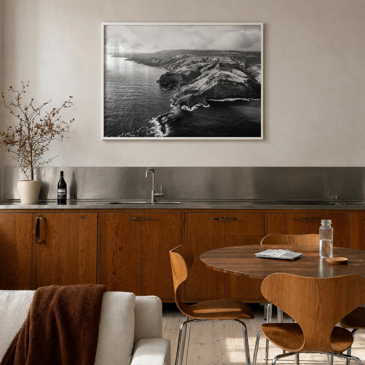 Maui black & white photo poster of Hawaii, USA – horizontal wall art in white wood frame, hanging on wall