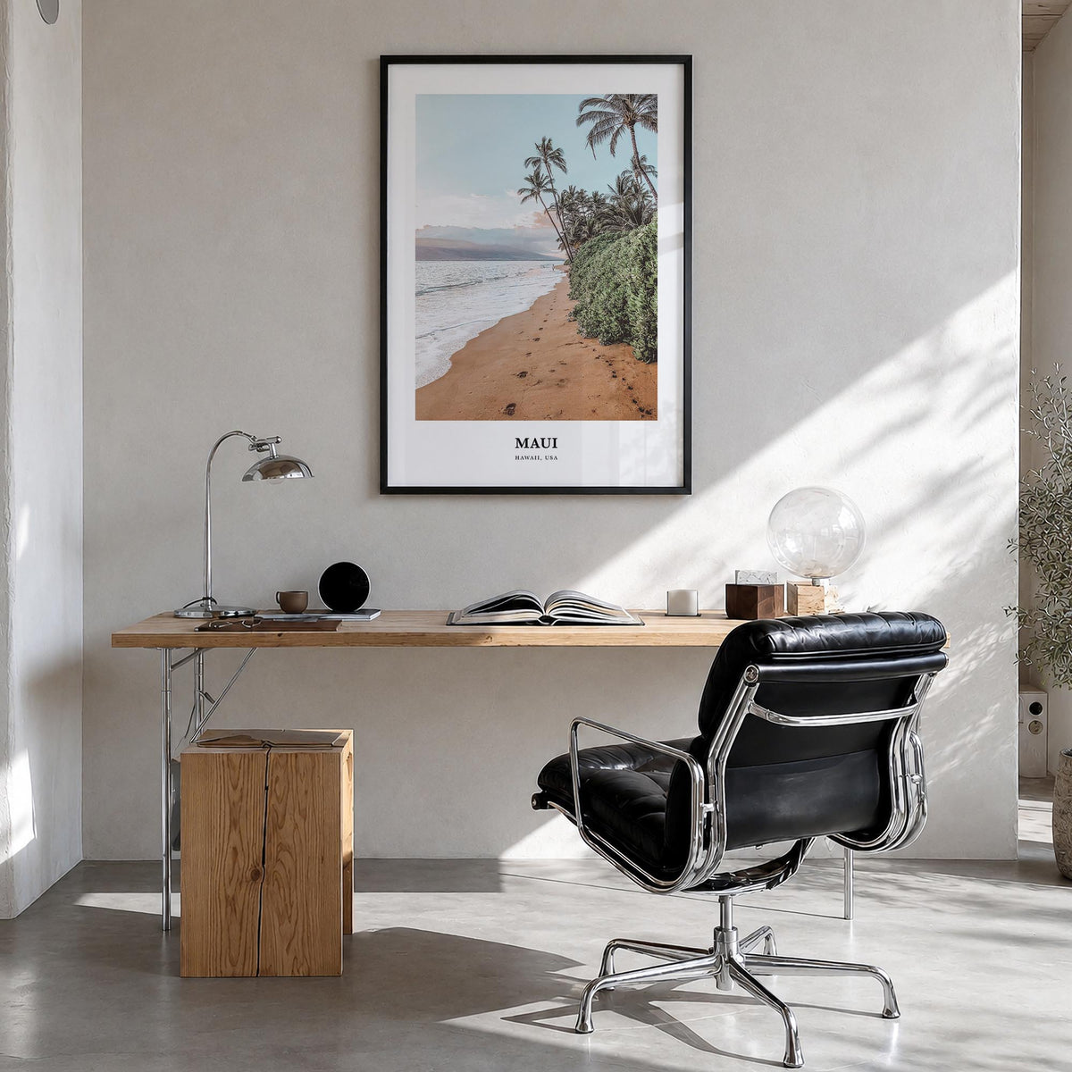 Maui colorful classic poster of Hawaii, USA – vertical wall art in black wood frame, hanging on wall