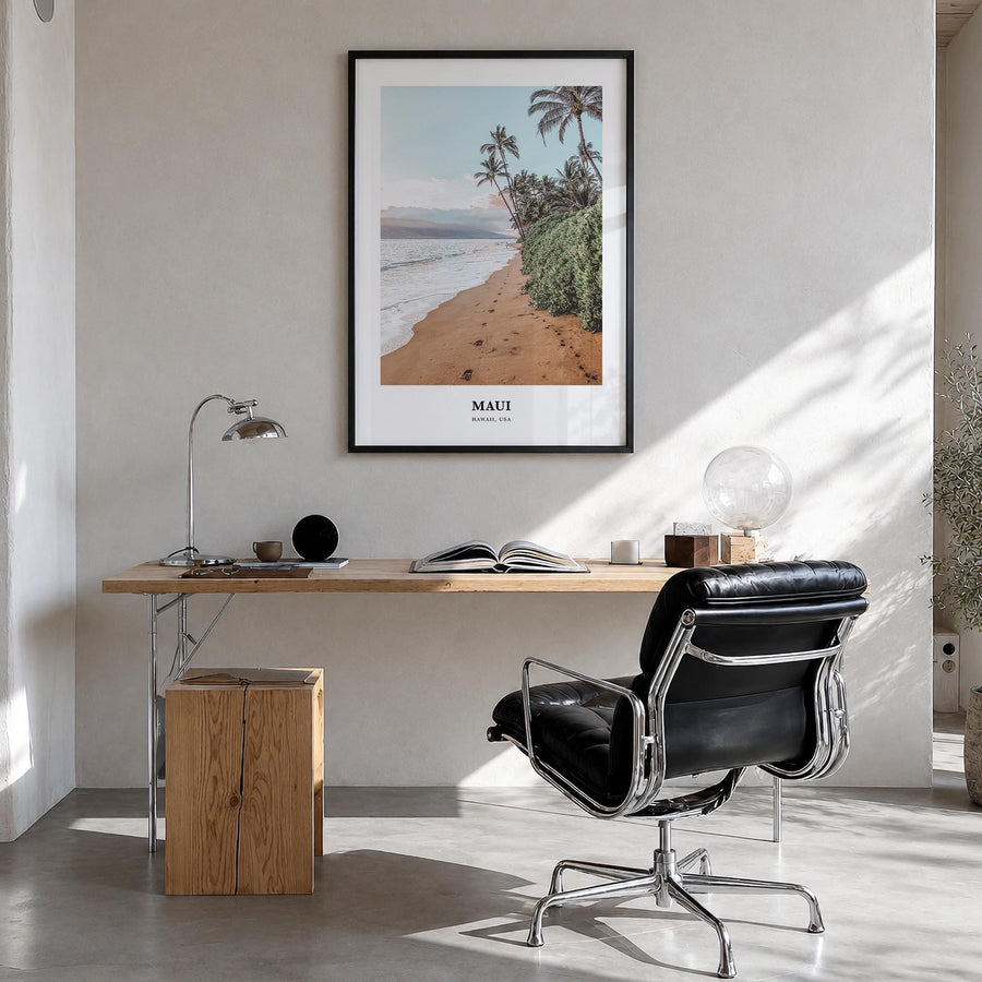 Maui colorful classic poster of Hawaii, USA – vertical wall art in black wood frame, hanging on wall