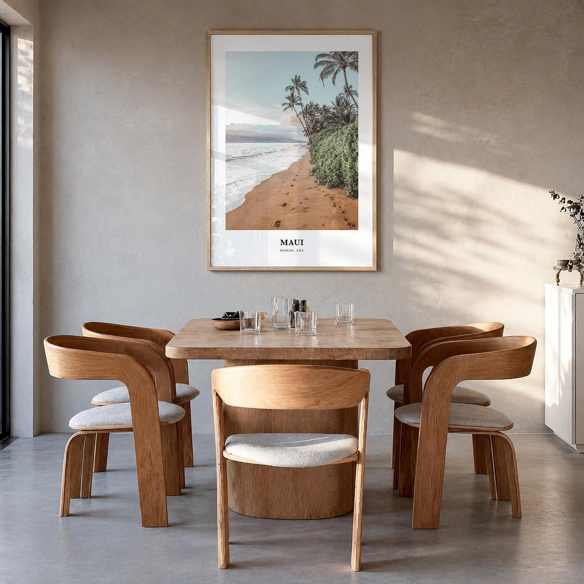 Maui colorful classic poster of Hawaii, USA – vertical wall art in natural wood frame, hanging on wall