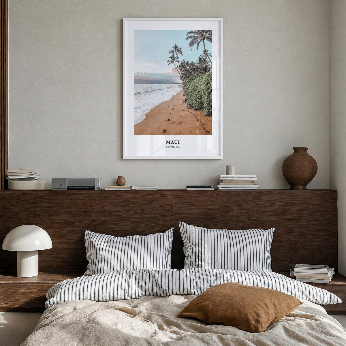 Maui colorful classic poster of Hawaii, USA – vertical wall art in white wood frame, hanging on wall