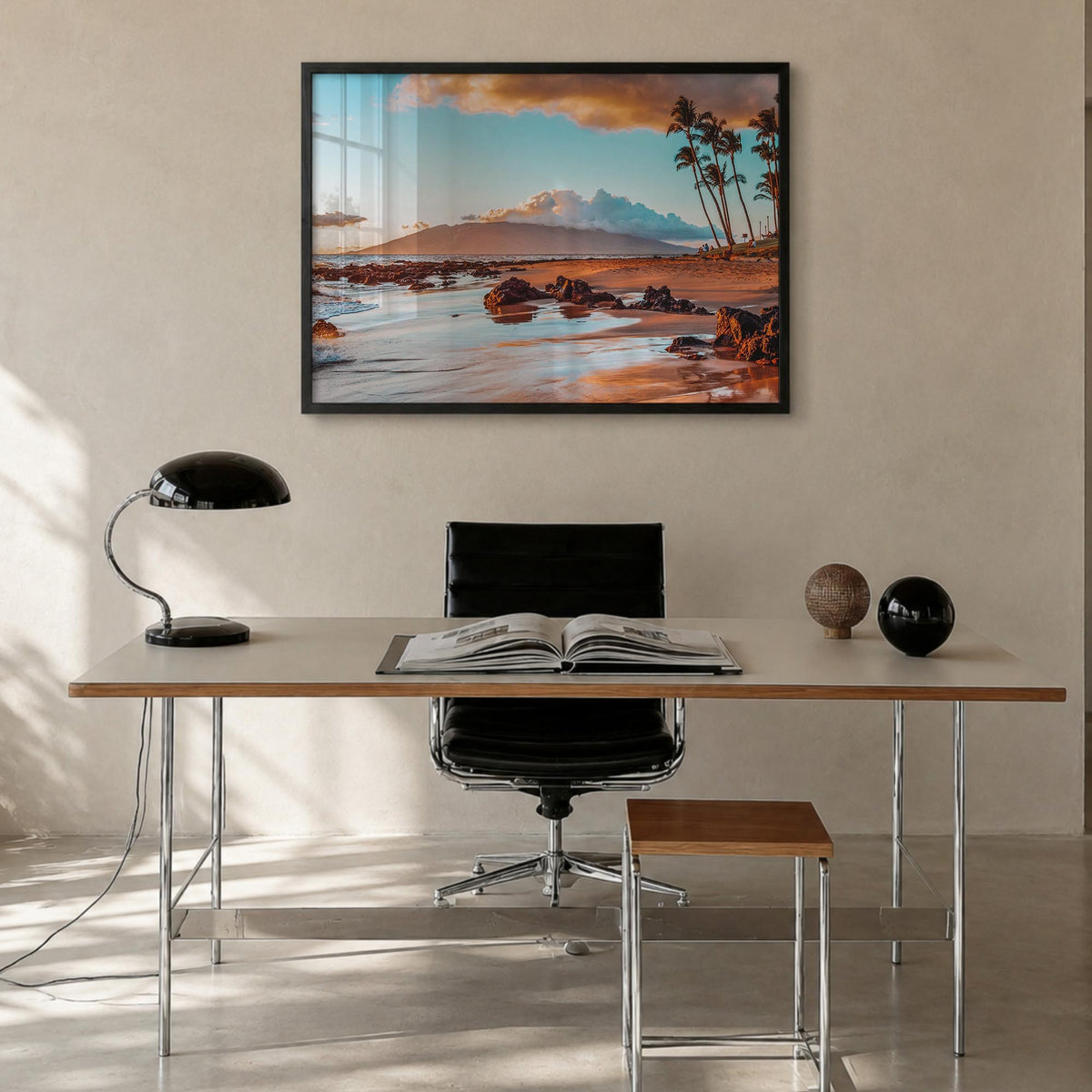 Maui colorful photo poster of Hawaii, USA – horizontal wall art in black wood frame, hanging on wall