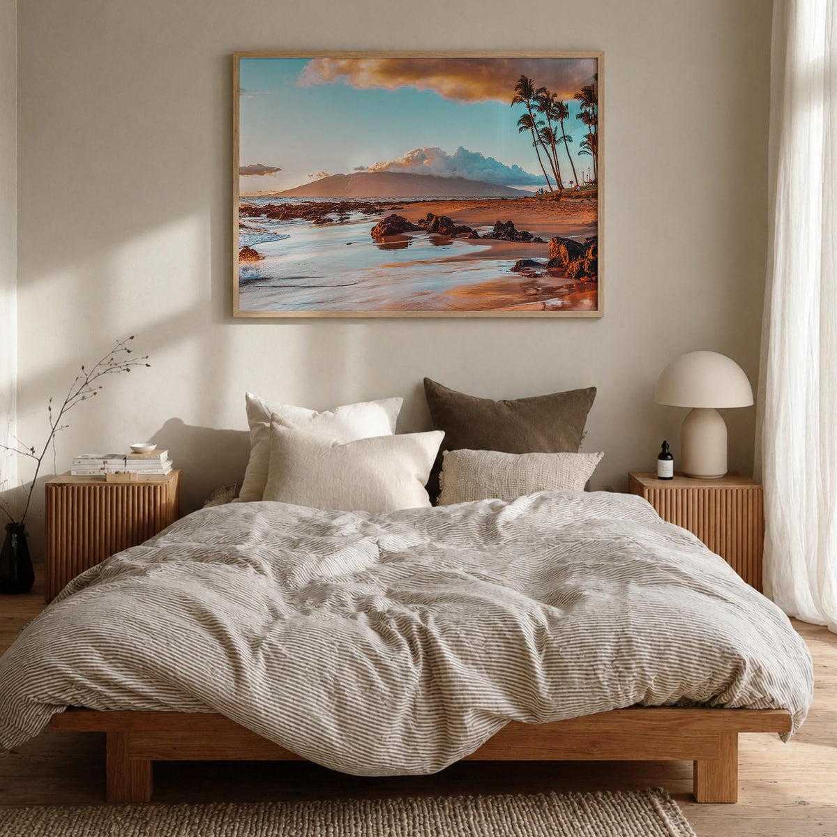 Maui colorful photo poster of Hawaii, USA – horizontal wall art in natural wood frame, hanging on wall