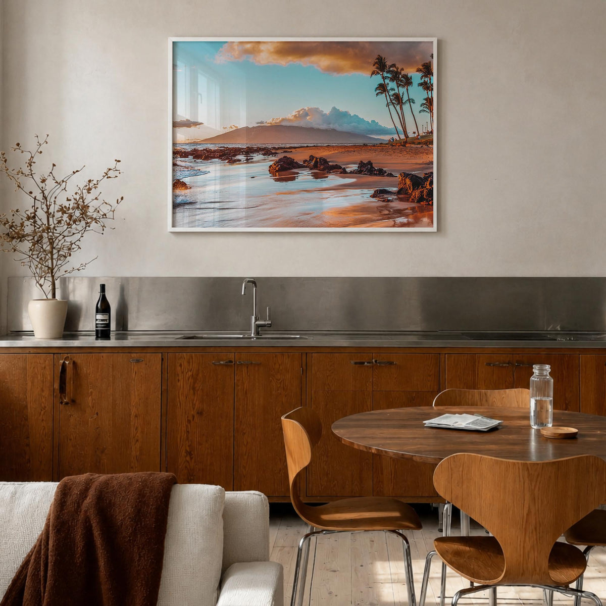 Maui colorful photo poster of Hawaii, USA – horizontal wall art in white wood frame, hanging on wall