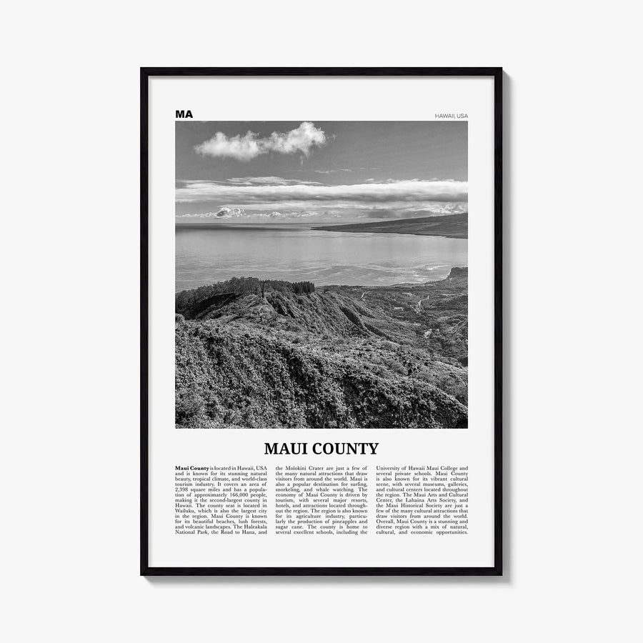 Maui County black & white newspaper poster of Hawaii, USA – vertical wall art, unframed print shown in interior mockup