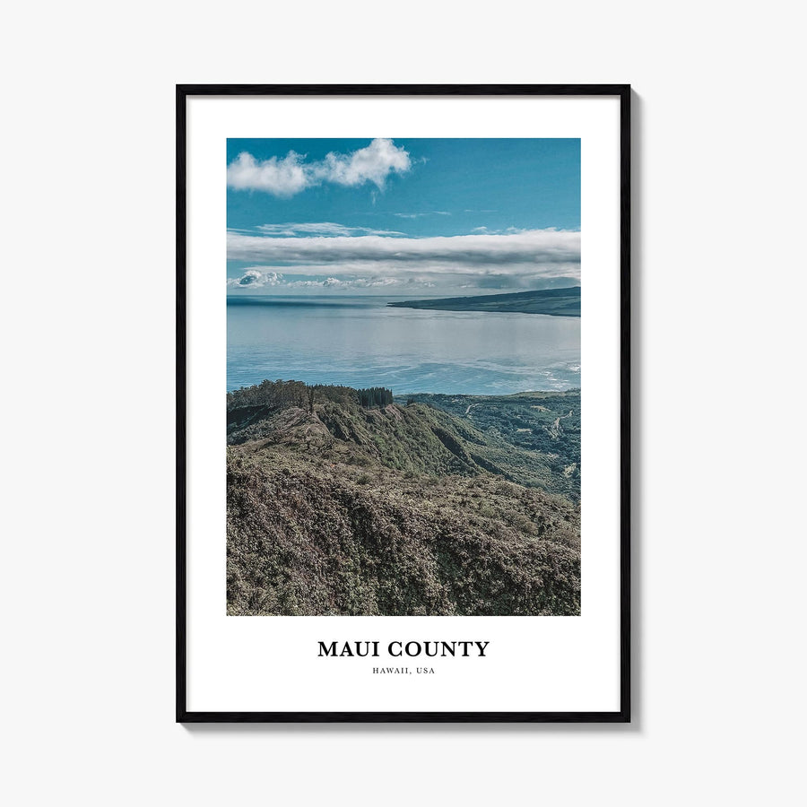 Maui County colorful classic poster of Hawaii, USA – vertical wall art, unframed print shown in interior mockup