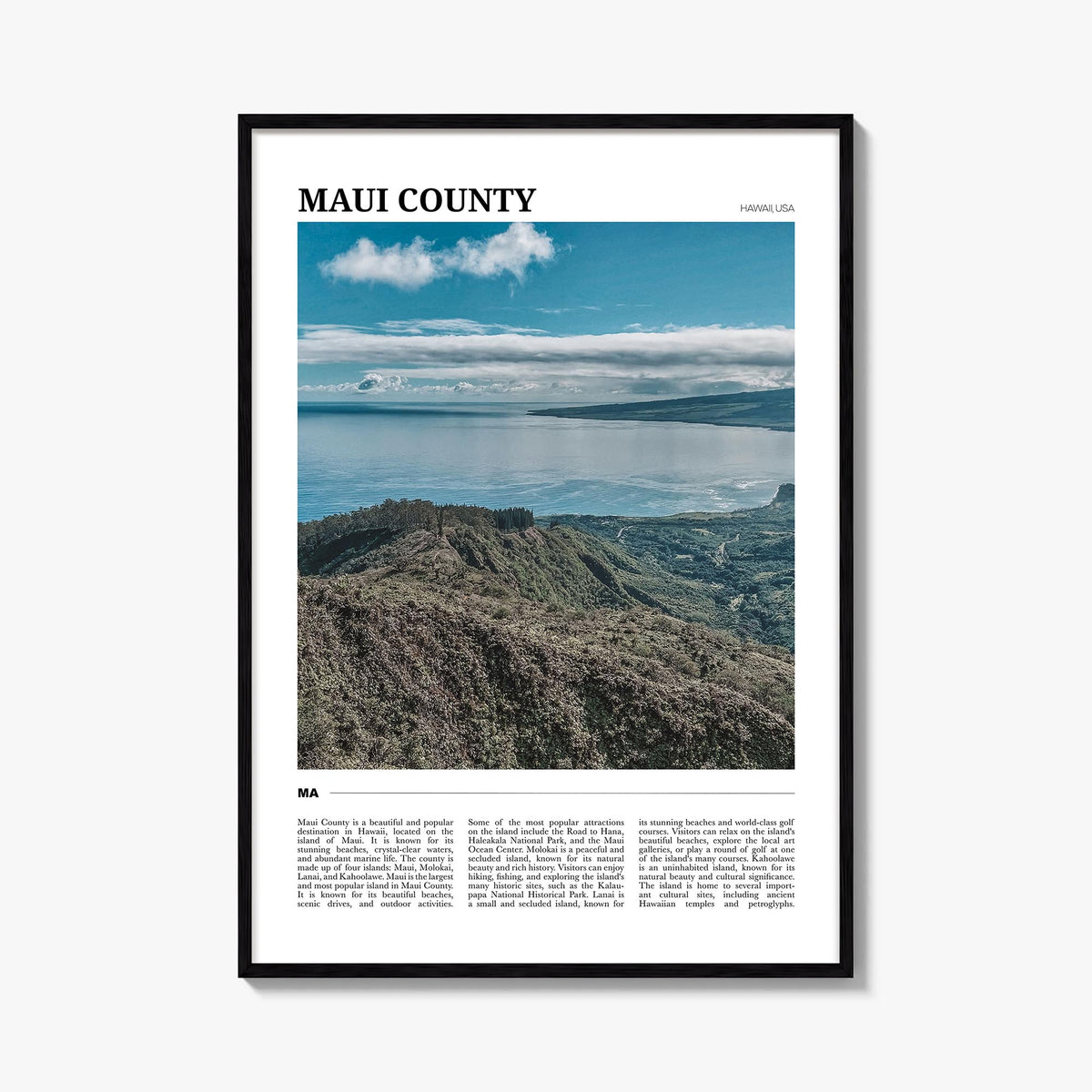 Maui County colorful travel poster of Hawaii, USA – vertical wall art, unframed print shown in interior mockup