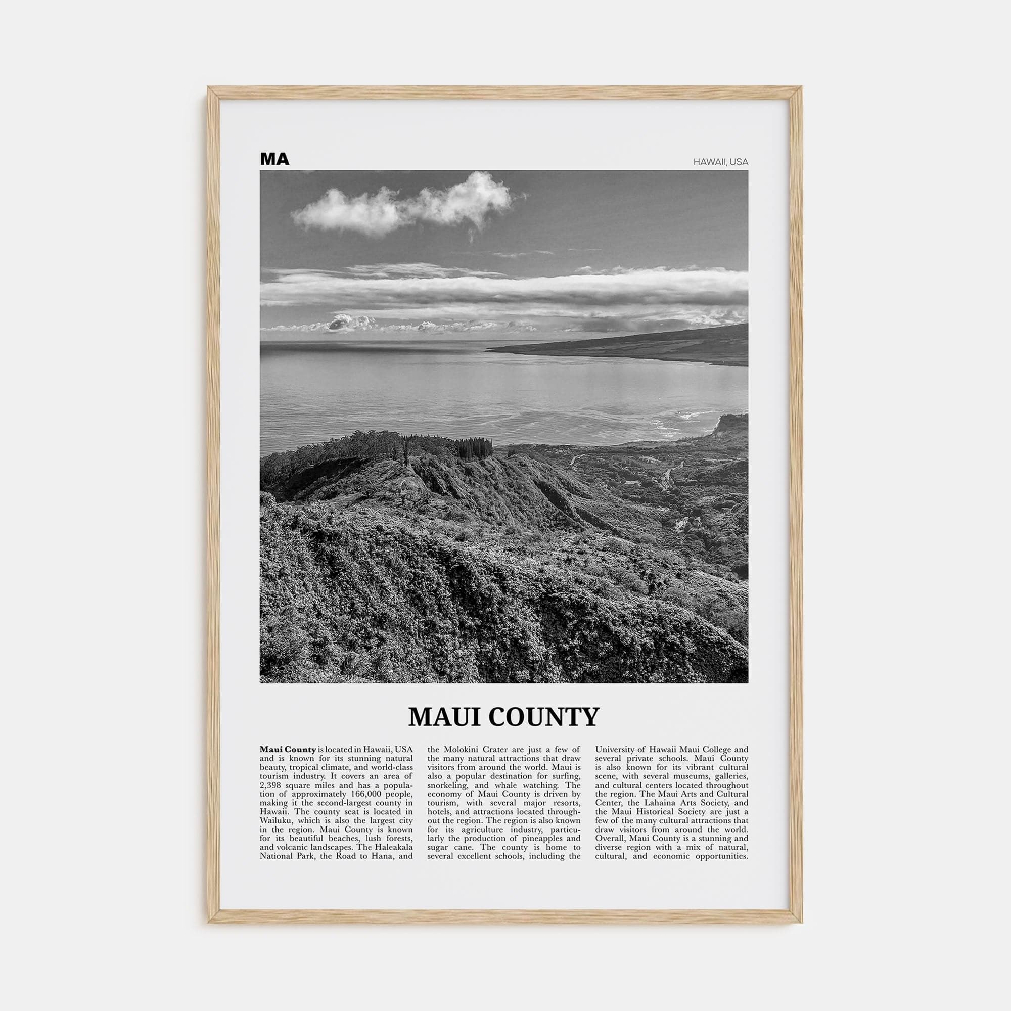 Maui County Poster Natural Wood / 8x12 in Nbourhood Travel B&W Poster