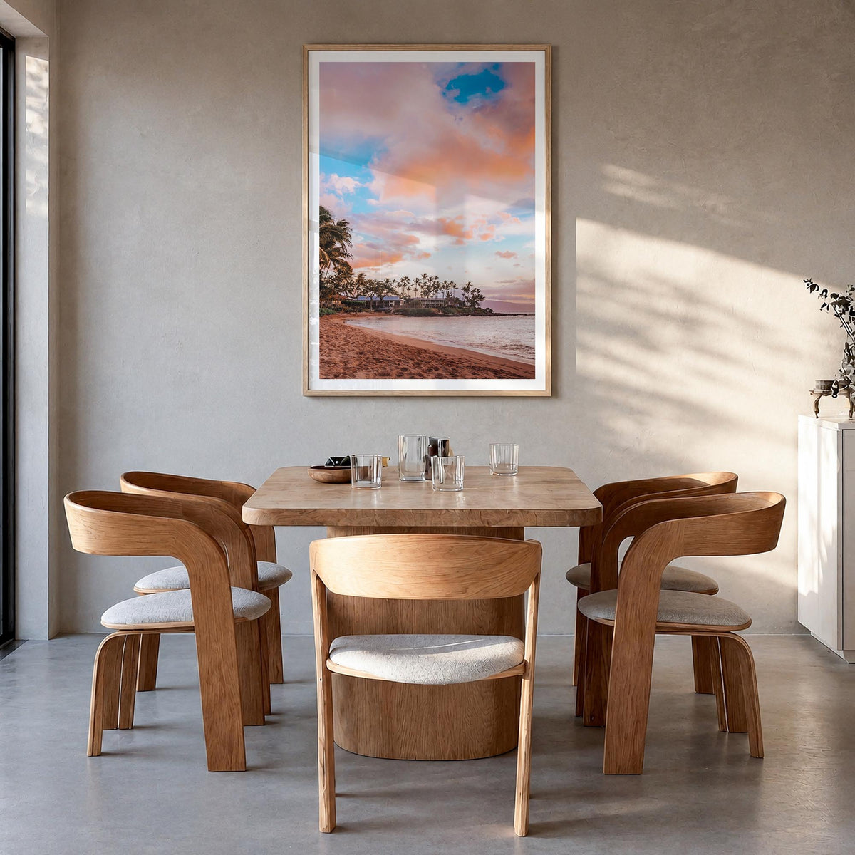 Maui no. 1 colorful photo poster of Hawaii, USA – vertical wall art in natural wood frame with white border, hanging on wall