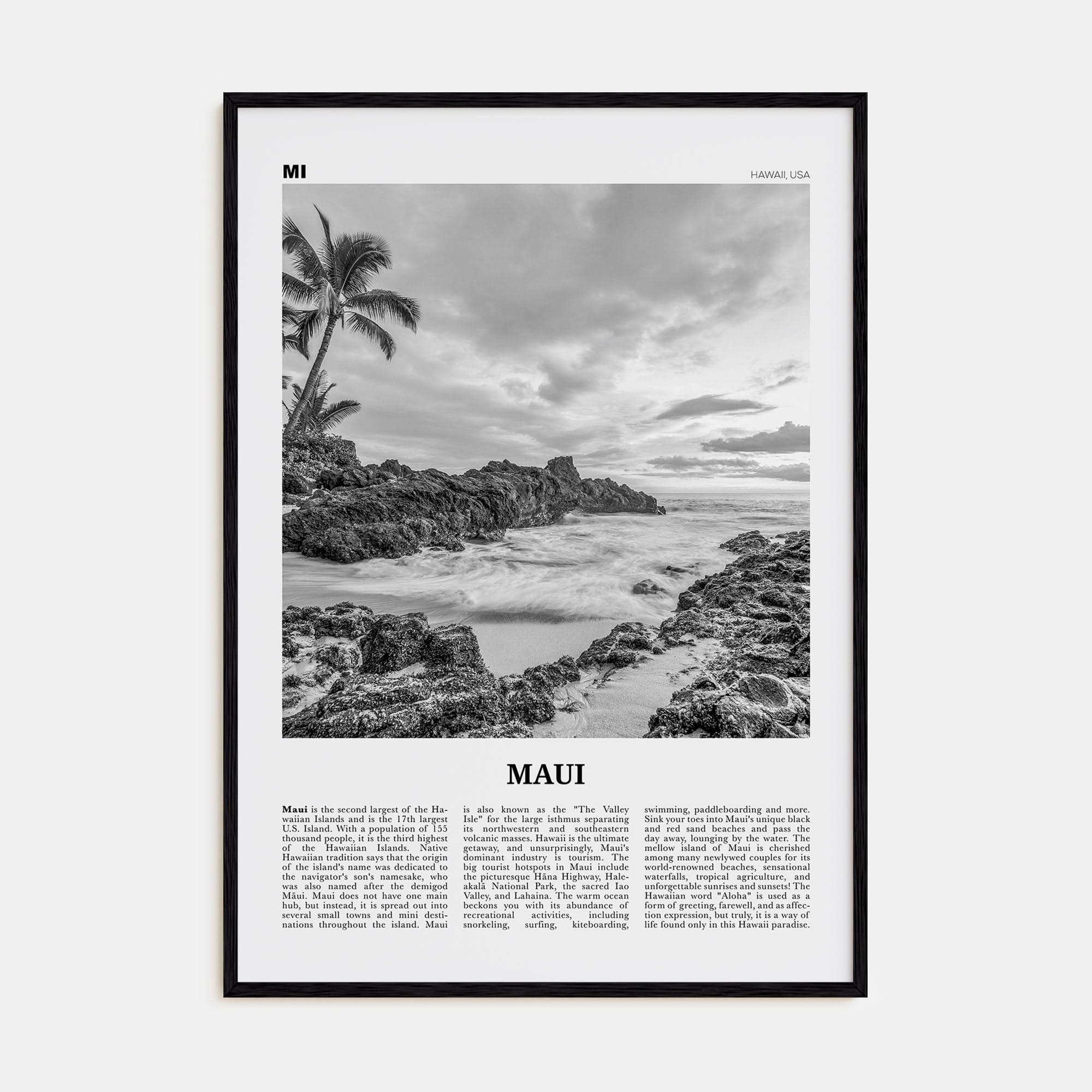 Maui No 1 Poster Black Wood / 8x12 in Nbourhood Travel B&W Poster