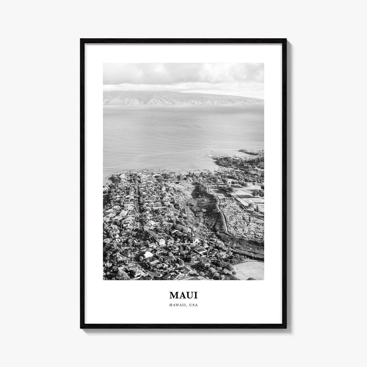 Maui no. 2 black & white classic poster of Hawaii, USA – vertical wall art, unframed print shown in interior mockup