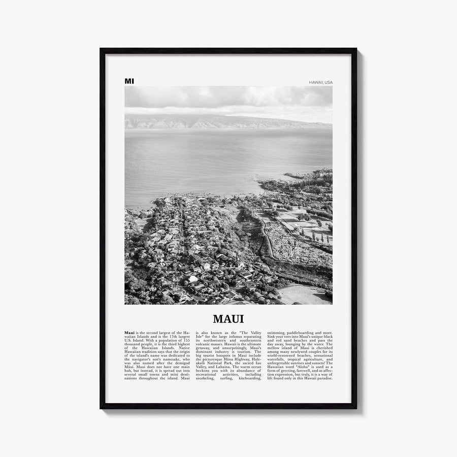 Maui no. 2 black & white newspaper poster of Hawaii, USA – vertical wall art, unframed print shown in interior mockup
