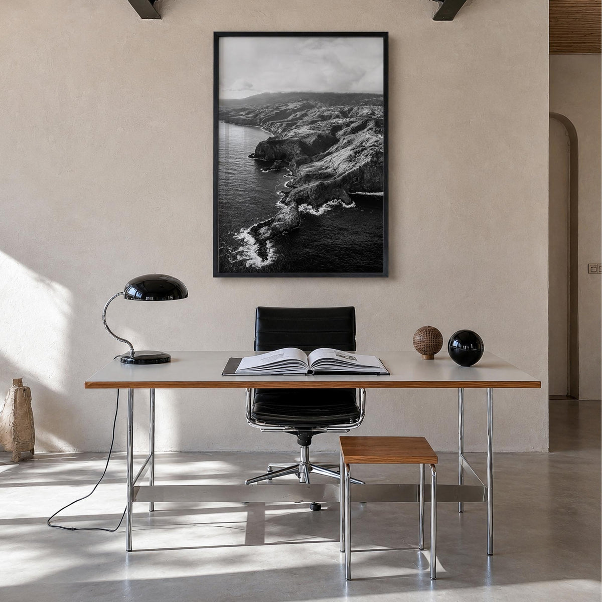 Maui no. 2 black & white photo poster of Hawaii, USA – vertical wall art in black wood frame, hanging on wall