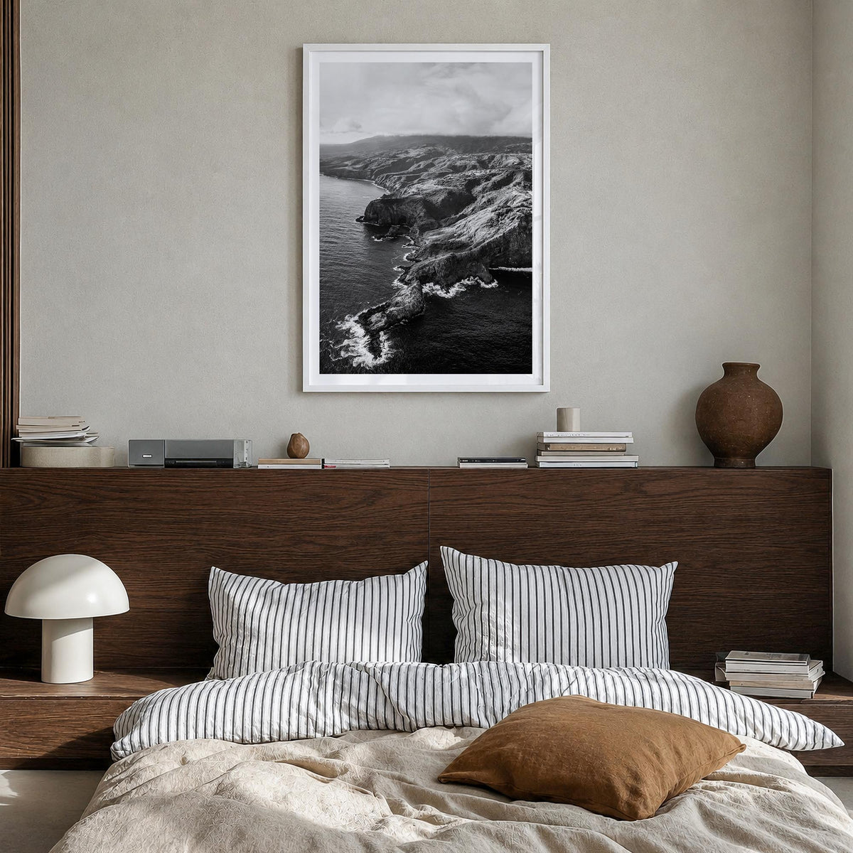 Maui no. 2 black & white photo poster of Hawaii, USA – vertical wall art in white wood frame with white border, hanging on wa