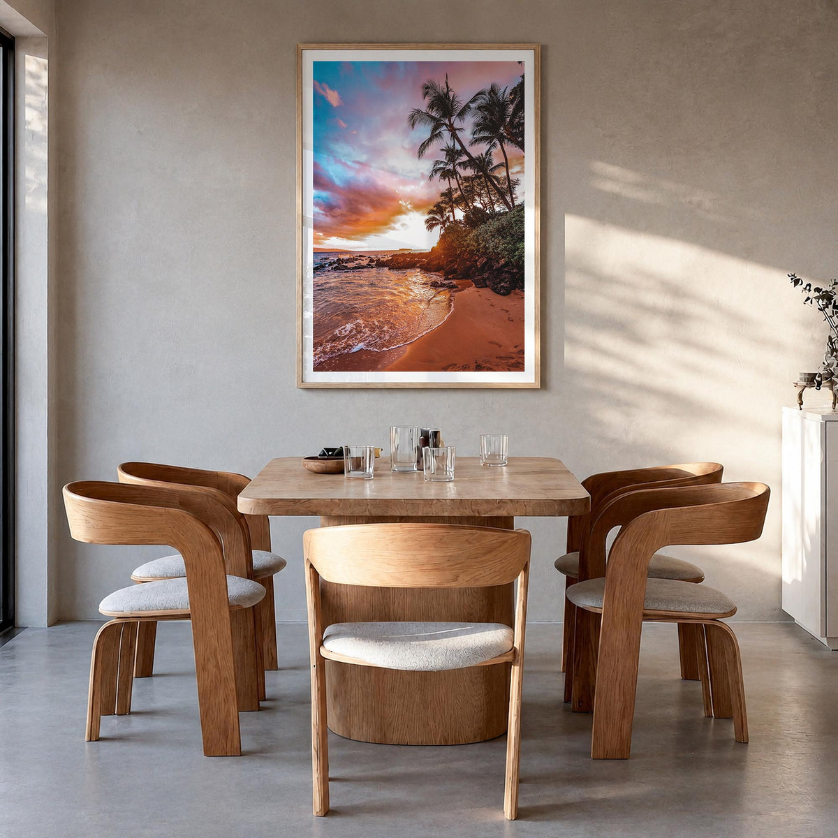 Maui no. 2 colorful photo poster of Hawaii, USA – vertical wall art in natural wood frame with white border, hanging on wall