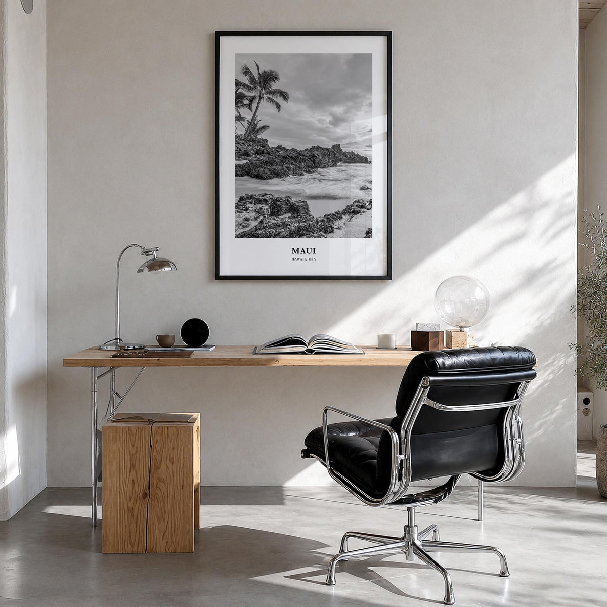 Maui no. 3 black & white classic poster of Hawaii, USA – vertical wall art in black wood frame, hanging on wall