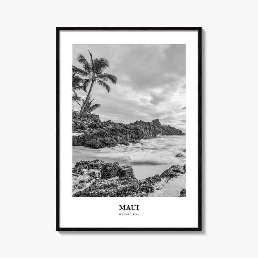 Maui no. 3 black & white classic poster of Hawaii, USA – vertical wall art, unframed print shown in interior mockup