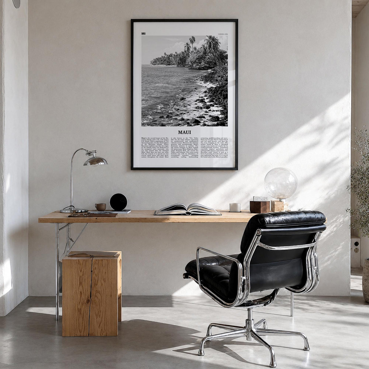 Maui no. 3 black & white newspaper poster of Hawaii, USA – vertical wall art in black wood frame, hanging on wall