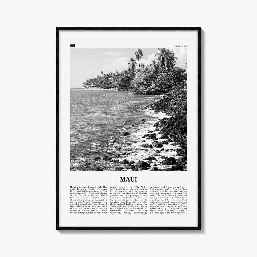 Maui no. 3 black & white newspaper poster of Hawaii, USA – vertical wall art, unframed print shown in interior mockup