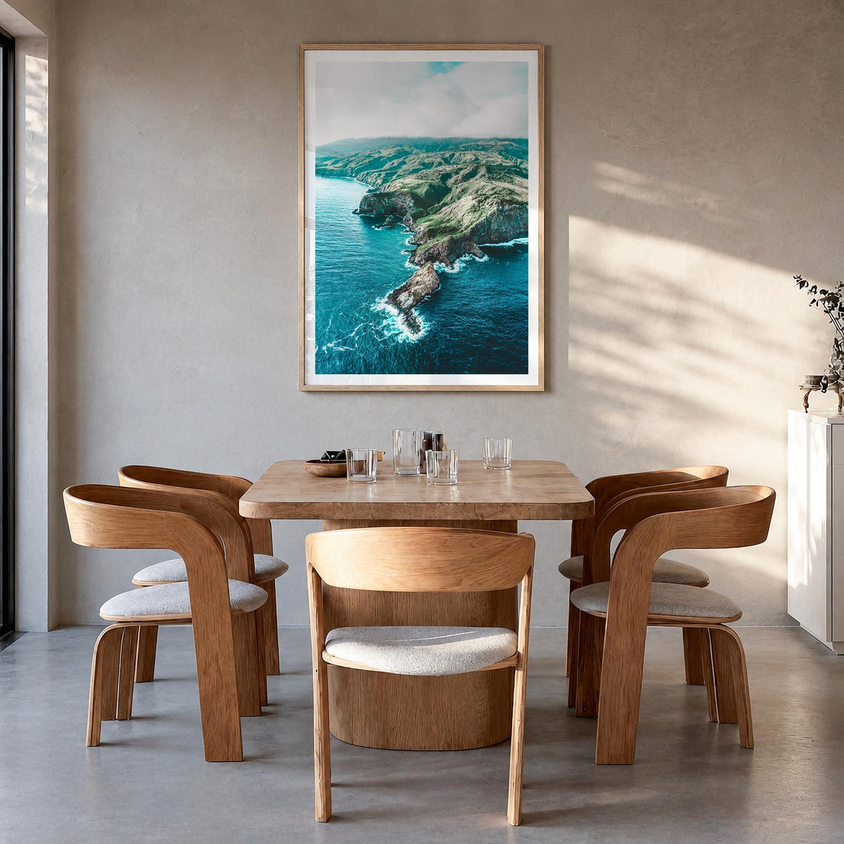 Maui no. 3 colorful photo poster of Hawaii, USA – vertical wall art in natural wood frame with white border, hanging on wall