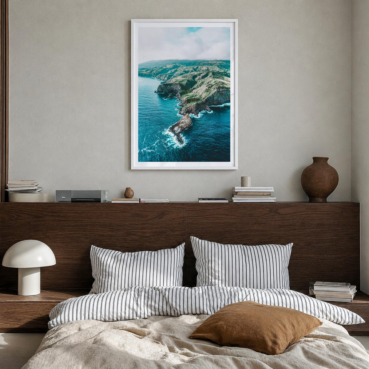 Maui no. 3 colorful photo poster of Hawaii, USA – vertical wall art in white wood frame with white border, hanging on wall