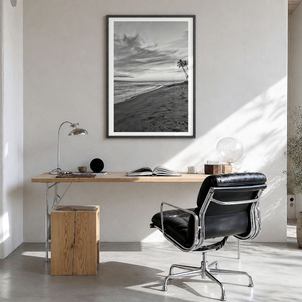 Maui Photo No 1 Poster in a black wood frame, hanging in a bright home office, white border