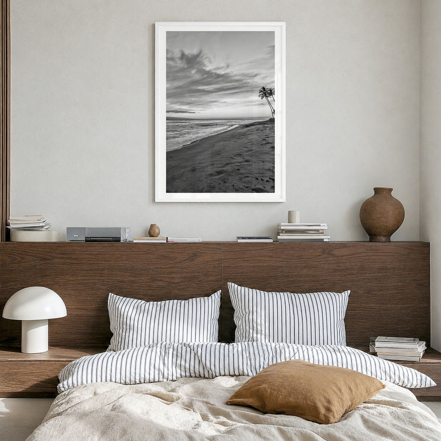Maui Photo No 1 Poster in a white wood frame, hanging in a bedroom, white border