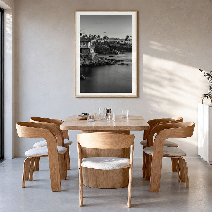 Maui Photo No 3 Poster in a natural wood frame, hanging in a dining room, white border