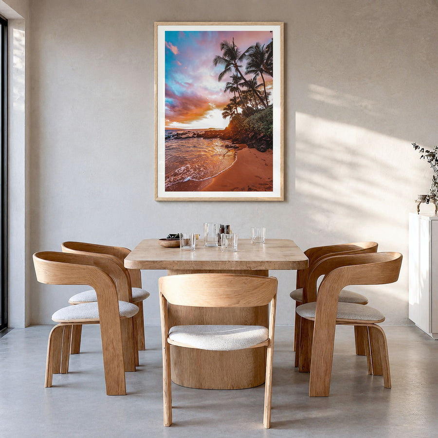 Maui Photo No 2 Poster in a natural wood frame, hanging in a dining room, white border
