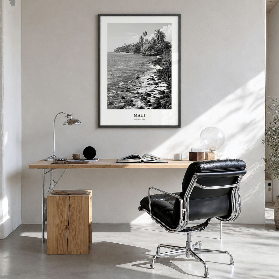 Maui Classic No 1 Poster in a black wood frame, hanging in a bright home office