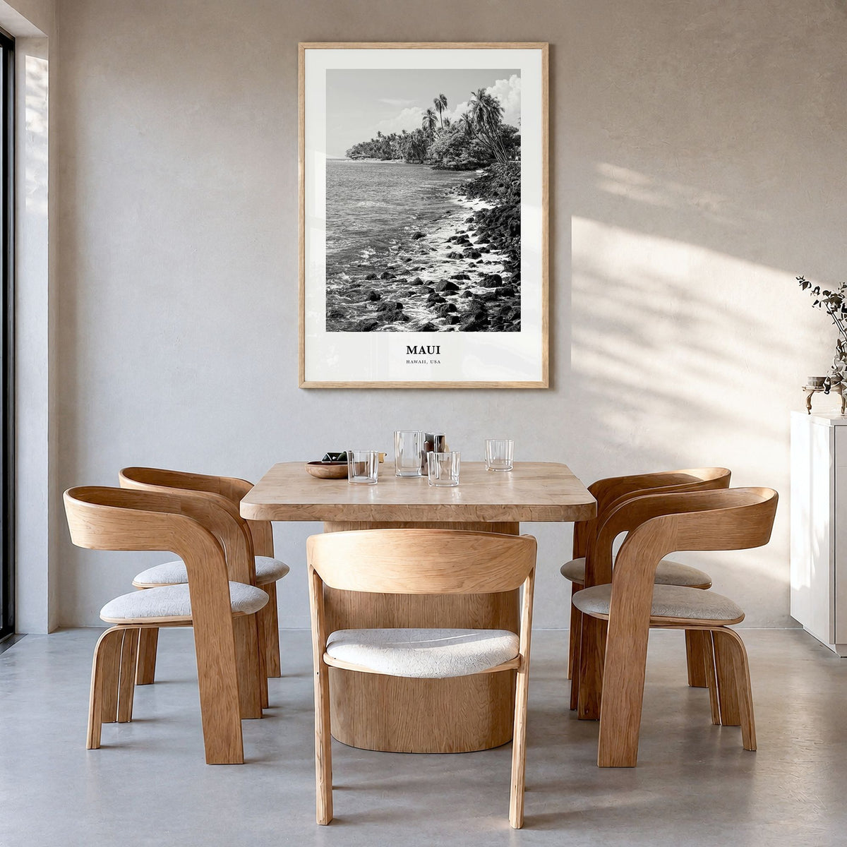 Maui Classic No 1 Poster in a natural wood frame, hanging in a dining room