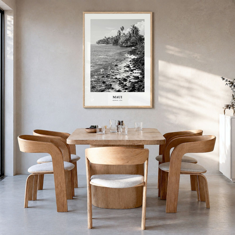 Maui Classic No 1 Poster in a natural wood frame, hanging in a dining room
