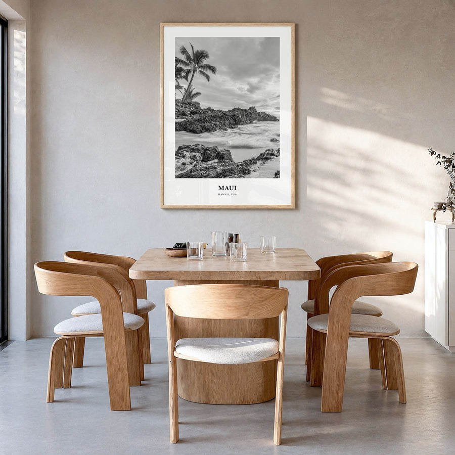 Maui Classic No 3 Poster in a natural wood frame, hanging in a dining room