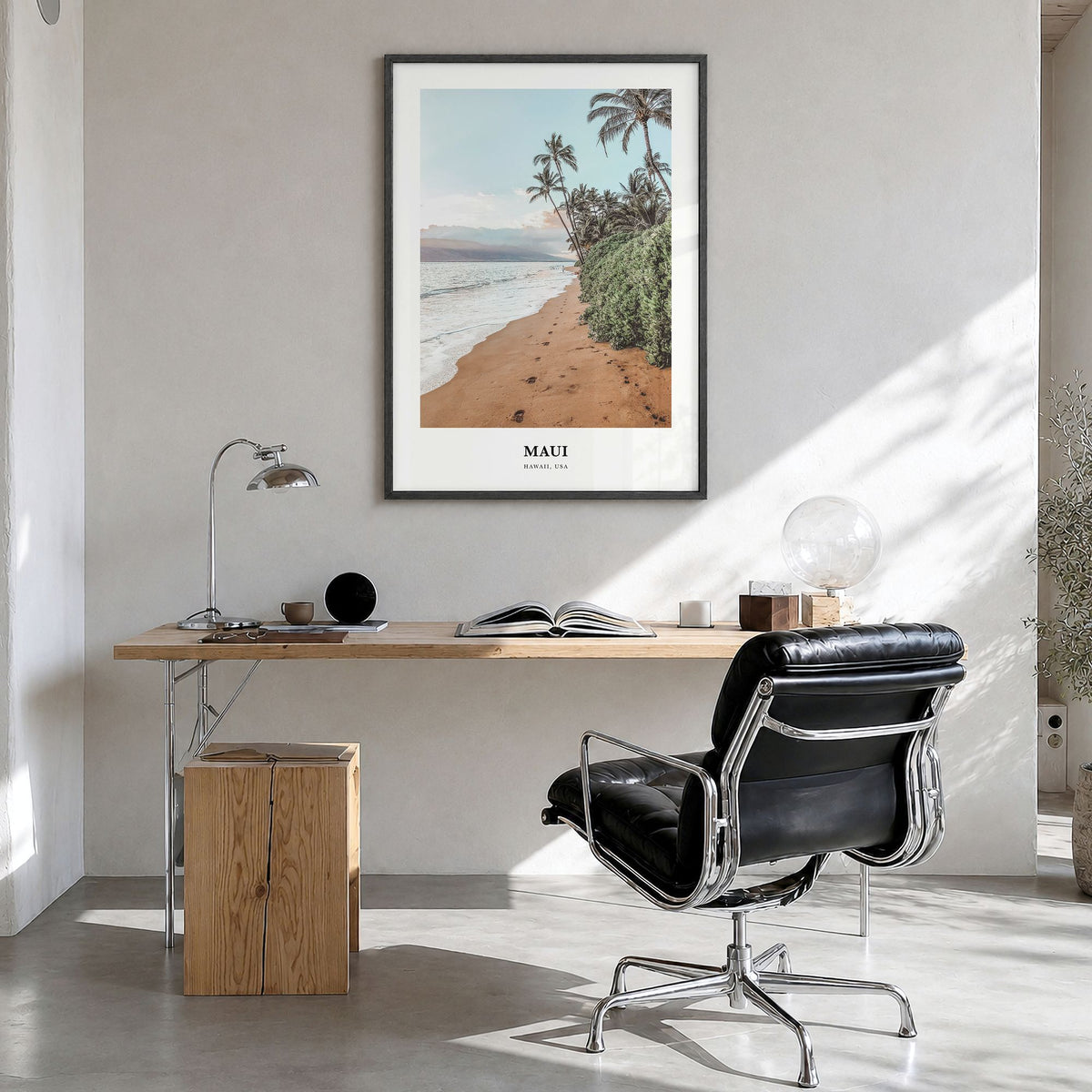 Maui Classic Poster in a black wood frame, hanging in a bright home office