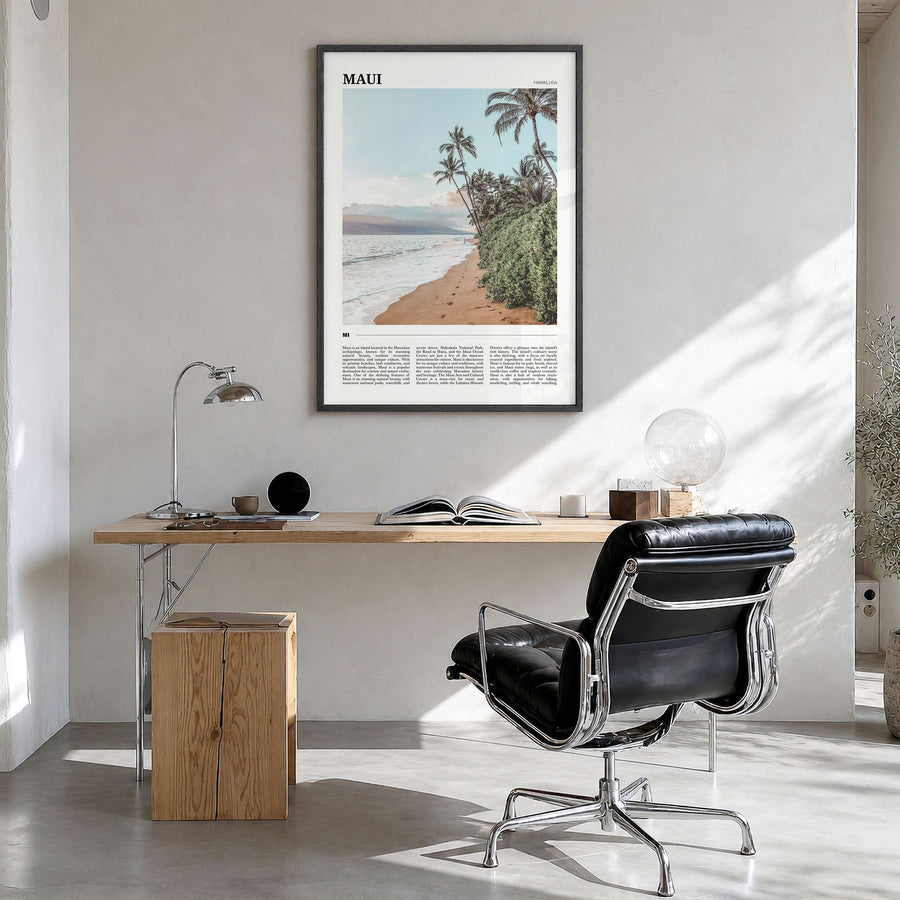 Maui Travel Poster in a black wood frame, hanging in a bright home office