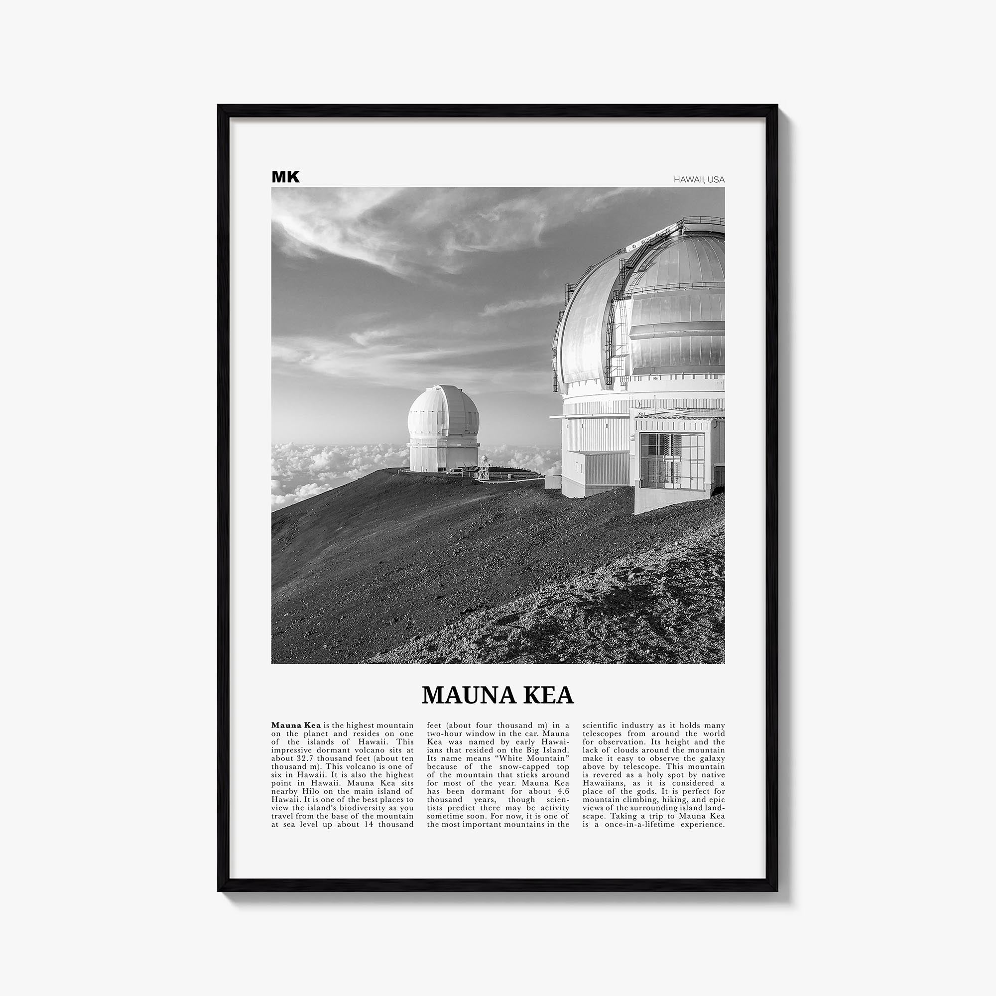 Mauna Kea black & white newspaper poster of Hawaii, USA – vertical wall art, unframed print shown in interior mockup