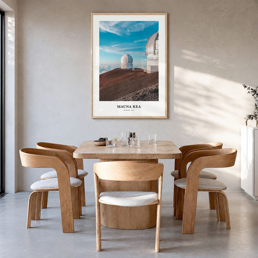 Mauna Kea Classic Poster in a natural wood frame, hanging in a dining room