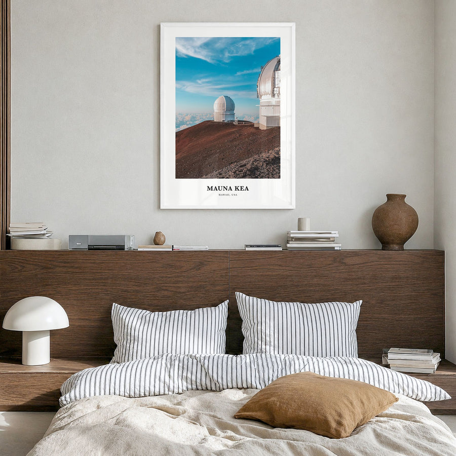 Mauna Kea Classic Poster in a white wood frame, hanging in a bedroom