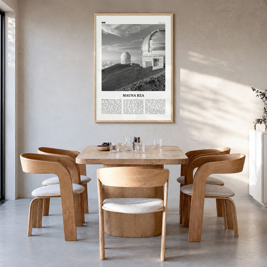 Mauna Kea Newspaper Poster in a natural wood frame, hanging in a dining room